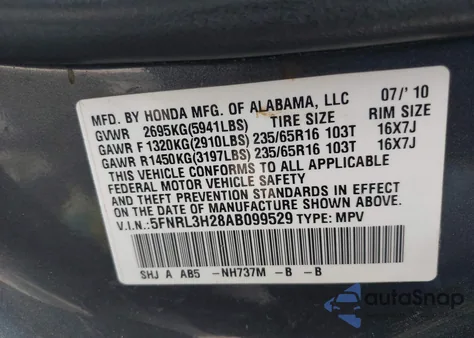 2010 Honda Odyssey Lx z USA, uszkodzony, nr VIN 5FNRL3H28AB099529